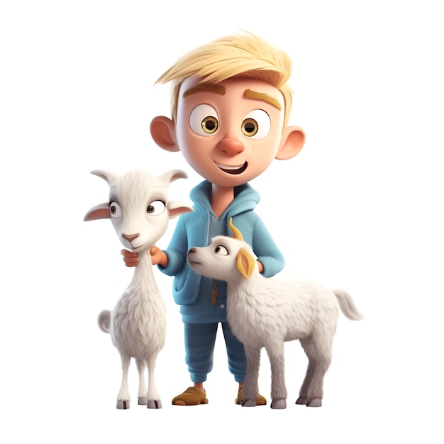 Representación 3D de un lindo niño de dibujos animados de pie junto a una cabra blanca