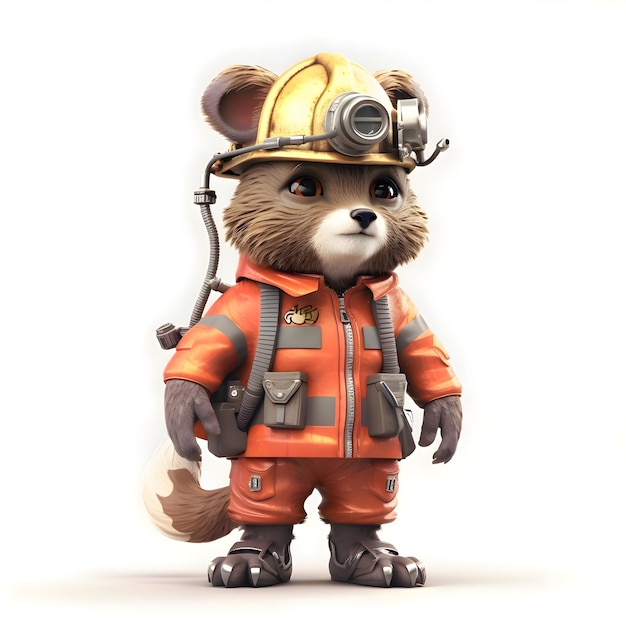 Representación 3d de un lindo osito de peluche con traje de bombero