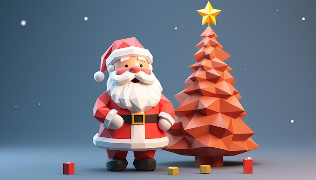 Una representación 3D de un lindo Papá Noel y un árbol de Navidad.