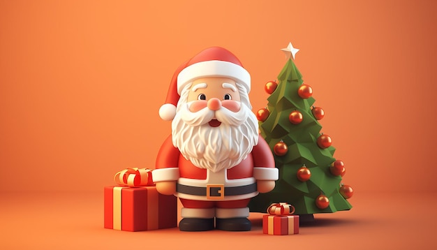 Una representación 3D de un lindo Papá Noel y un árbol de Navidad.
