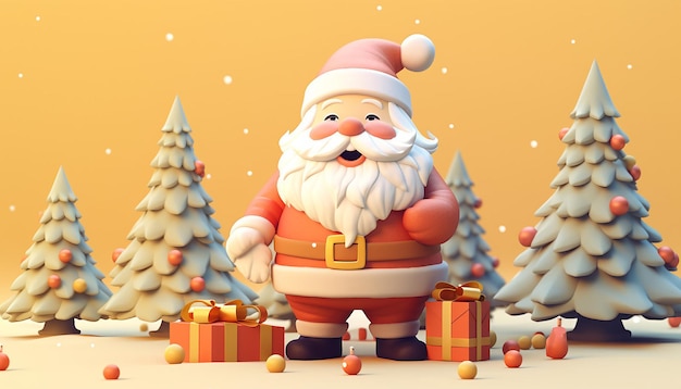 Una representación 3D de un lindo Papá Noel y un árbol de Navidad.