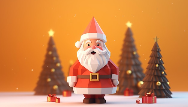 Una representación 3D de un lindo Papá Noel y un árbol de Navidad.