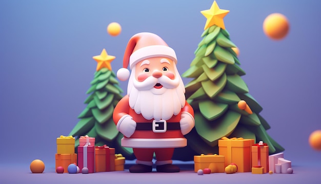 Una representación 3D de un lindo Papá Noel y un árbol de Navidad.