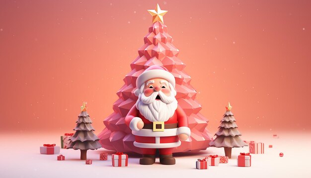 Una representación 3D de un lindo Papá Noel y un árbol de Navidad.