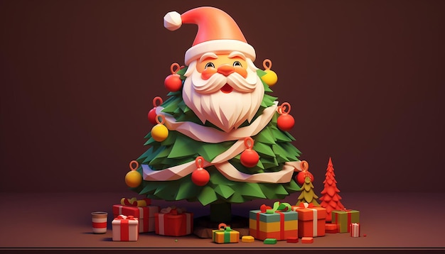 Una representación 3D de un lindo Papá Noel y un árbol de Navidad.