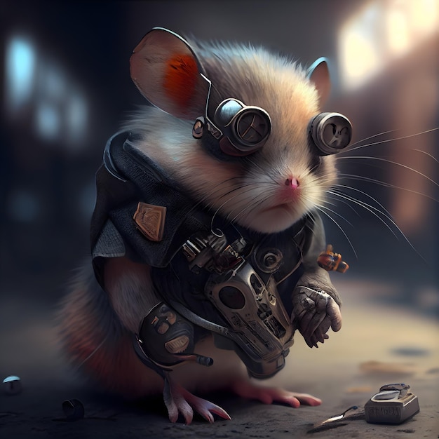 Representación 3D de un lindo ratoncito vestido como un steampunk