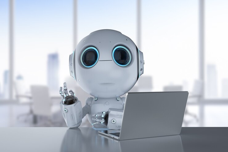 Foto representación 3d lindo robot de inteligencia artificial con computadora portátil