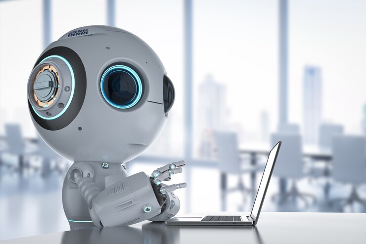 Foto representación 3d lindo robot de inteligencia artificial con computadora portátil