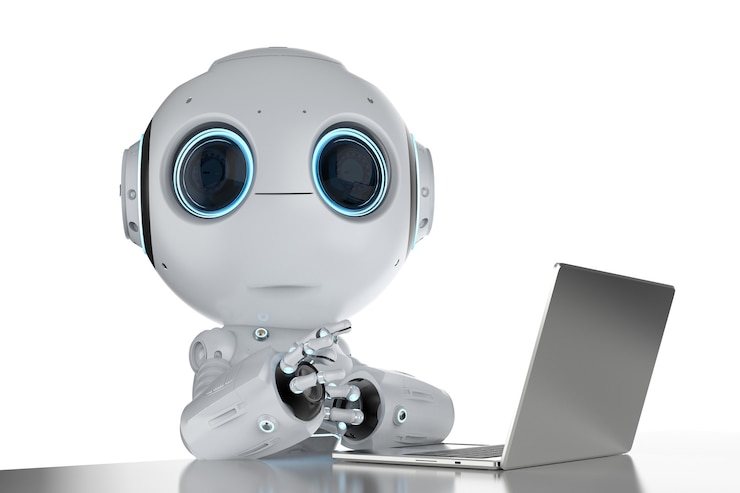 Foto representación 3d lindo robot de inteligencia artificial con computadora portátil