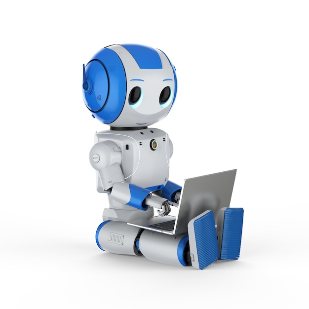 Representación 3D lindo robot de inteligencia artificial con computadora portátil