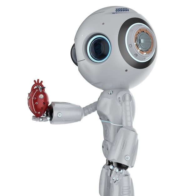 Representación 3D lindo robot de inteligencia artificial con corazón robótico rojo