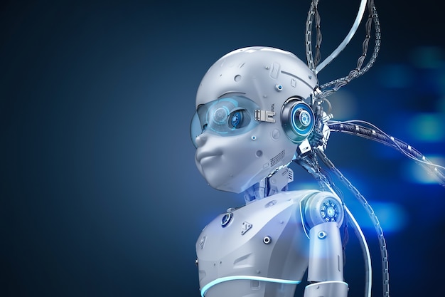 Representación 3D lindo robot o robot de inteligencia artificial con cables y gafas