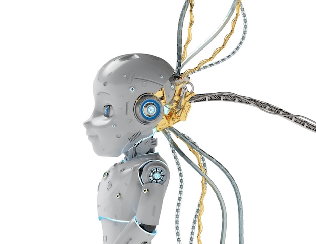Representación 3D lindo robot o robot de inteligencia artificial con cables