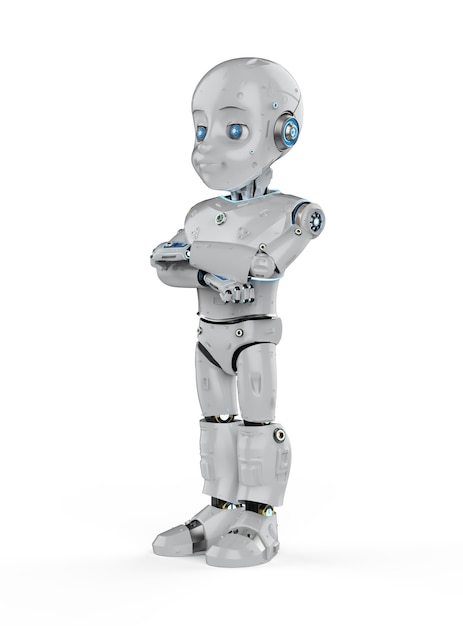 Representación 3D lindo robot o robot de inteligencia artificial con personaje de dibujos animados de brazos cruzados