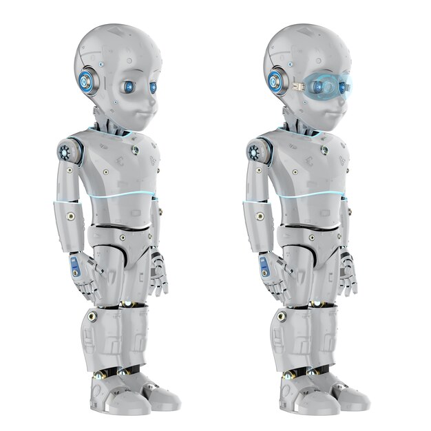 Representación 3D lindo robot o robot de inteligencia artificial con personaje de dibujos animados de longitud completa