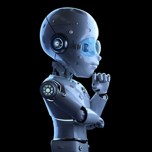 Representación 3D lindo robot o robot de inteligencia artificial con personaje de dibujos animados pensando o analizando