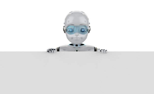 Foto representación 3d lindo robot o robot de inteligencia artificial con tablero en blanco blanco