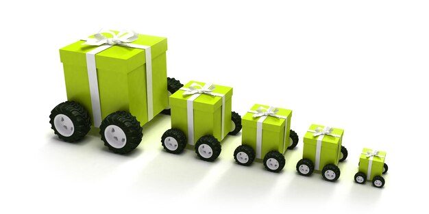 Foto representación 3d de una línea de cajas de regalo verdes con cintas blancas sobre ruedas
