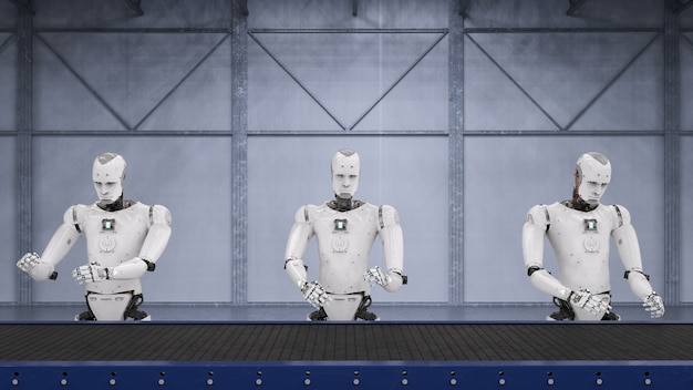 Foto representación 3d de la línea de ensamblaje de robots android con línea transportadora