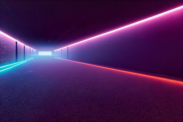 Representación 3D, líneas de neón azul rosa, formas geométricas, espacio virtual, luz ultravioleta, estilo de los años 80,