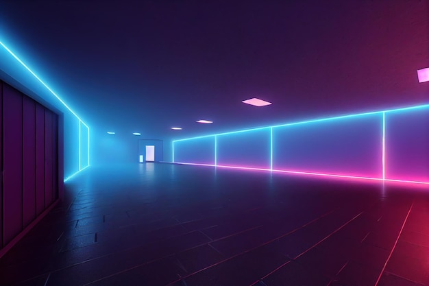 Representación 3D, líneas de neón azul rosa, formas geométricas, espacio virtual, luz ultravioleta, estilo de los años 80,