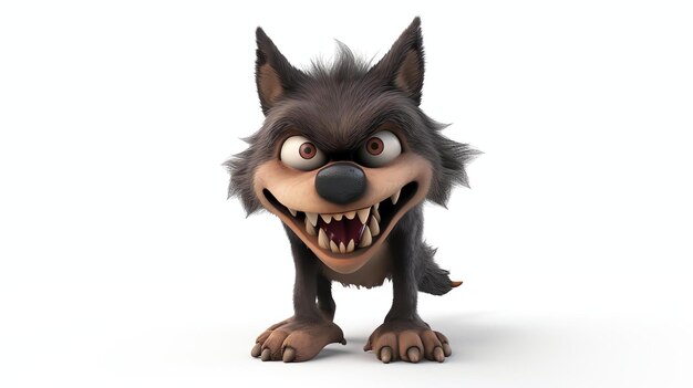 Una representación 3D de un lobo de dibujos animados El lobo tiene pelaje gris ojos negros y una sonrisa aguda Está de pie en cuatro patas y tiene su cola moviendo