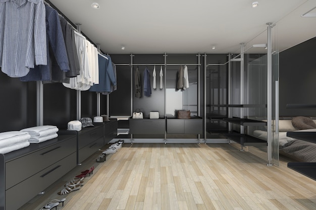 Representación 3D loft oscuro walk in closet y sala de estar