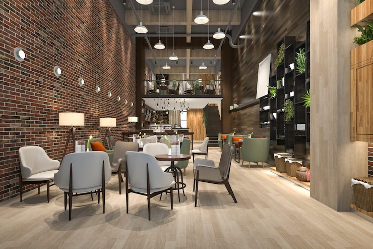 Foto representación 3d loft y recepción de hotel de lujo y cafetería salón restaurante