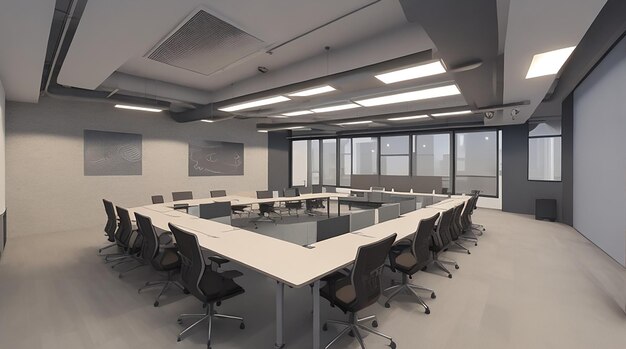 Representación 3d loft reunión de negocios y sala de trabajo en edificio de oficinas