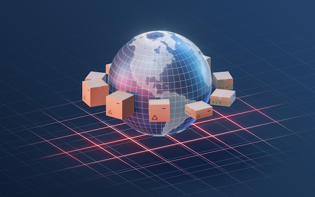 Representación 3d de la logística de la tierra y los productos básicos