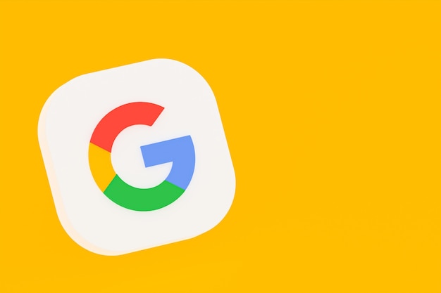 Foto representación 3d del logotipo de la aplicación de google sobre fondo amarillo