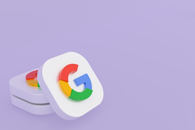 Foto representación 3d del logotipo de la aplicación de google sobre fondo púrpura