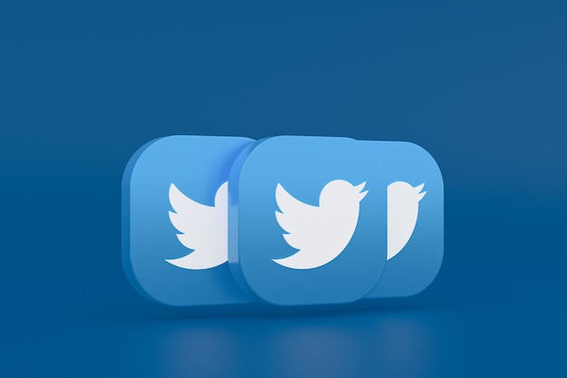 Representación 3d del logotipo de la aplicación de Twitter sobre fondo azul