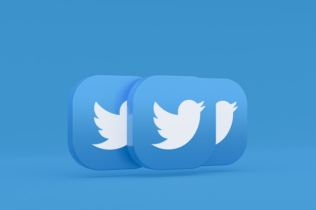 Representación 3d del logotipo de la aplicación Twitter sobre fondo azul