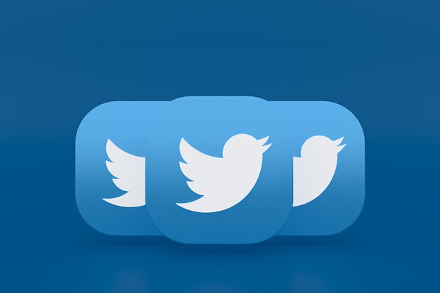 Foto representación 3d del logotipo de la aplicación twitter sobre fondo azul