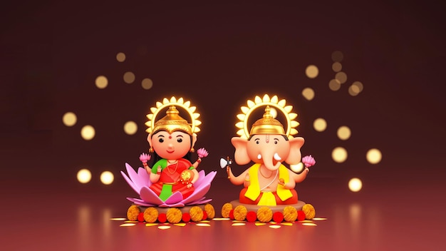 Representación 3D de Lord Ganesha y Lakshmi adorados juntos sobre fondo marrón Bokeh