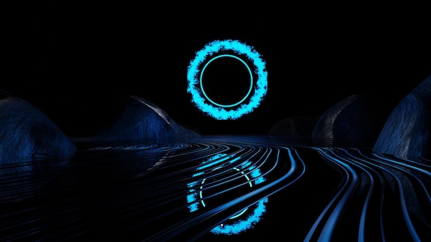 Representación 3D Luces de neón de paisaje imaginario en llamas de anillo azul abstracto