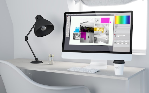Foto representación 3d de un lugar de trabajo de escritorio con computadora que muestra software de diseño gráfico.