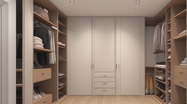 Representación 3D de lujo de madera escandinava walk in closet con armario