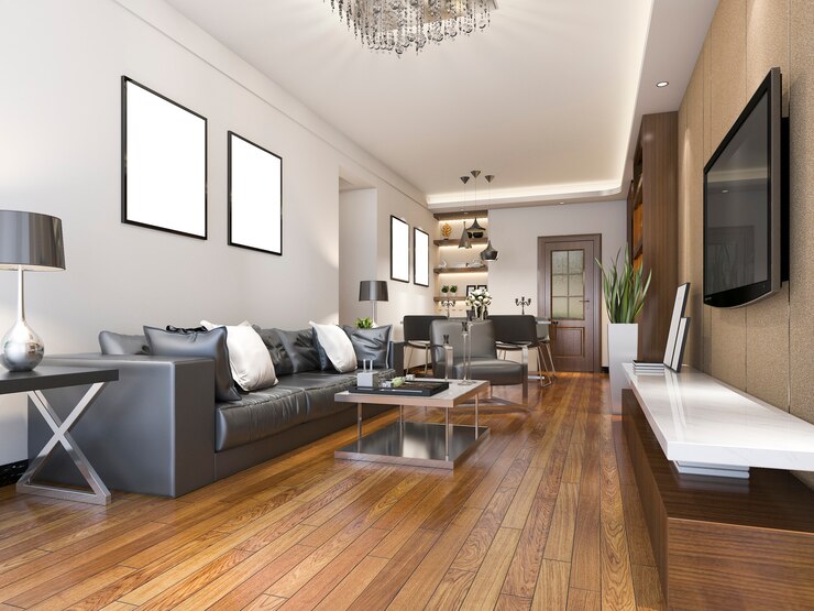 Foto representación 3d de lujo y moderna sala de estar cerca de la cocina