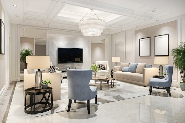 Representación 3D de lujo y moderna sala de estar con estantería