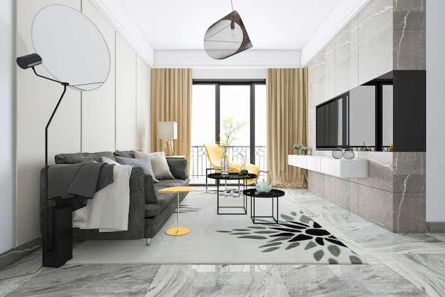Representación 3D de lujo y moderna sala de estar con sofá de tela