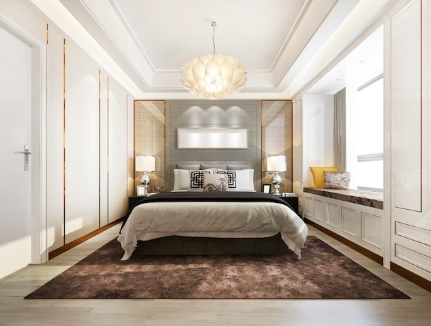 Representación 3D de lujo moderno dormitorio suite tv con armario y vestidor