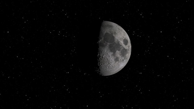 Representación 3D de la Luna contra el fondo del espacio con cráteres iluminados y suelo lunar