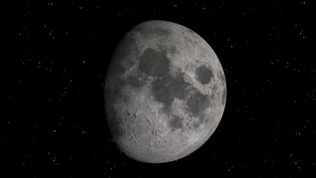 Representación 3D de la Luna contra el fondo del espacio con cráteres iluminados y suelo lunar