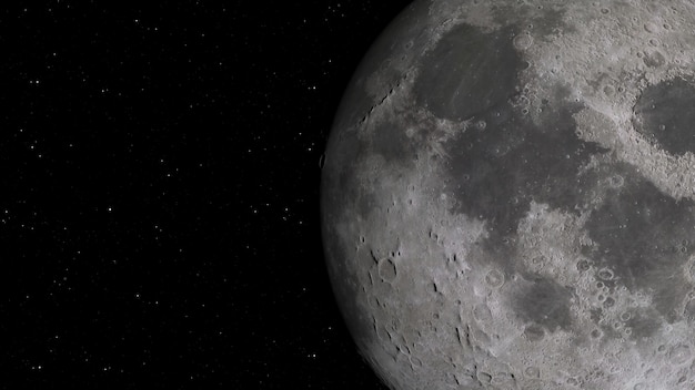 Representación 3D de la Luna contra el fondo del espacio con cráteres iluminados y suelo lunar