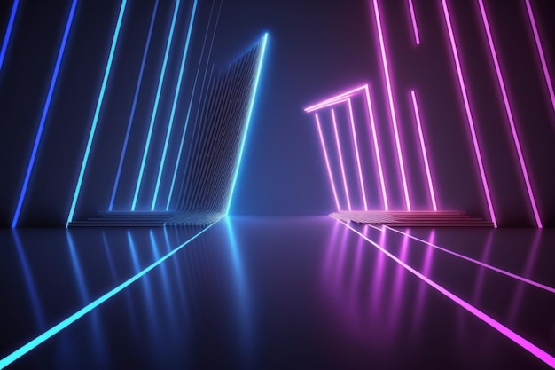 representación 3d luz de neón fondo ultravioleta abstracto líneas brillantes dinámicas rayos láser rosa azul fondo de escenario de moda