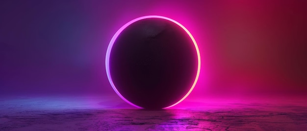 En esta representación 3D una luz de neón vibrante está detrás de la bola negra creando un fondo abstracto