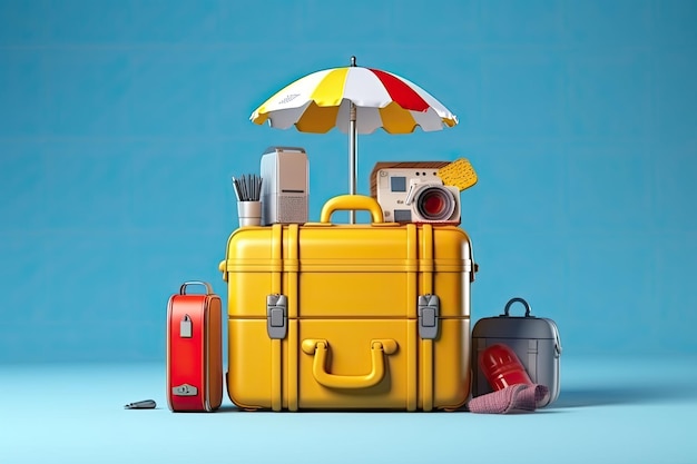 Representación 3D de la maleta amarilla con accesorios de playa en el tiempo de vacaciones de fondo azul Verano