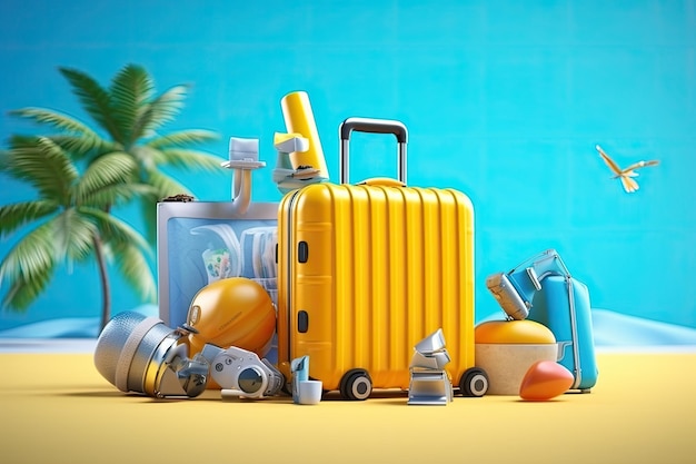Representación 3D de la maleta amarilla con accesorios de playa en el tiempo de vacaciones de fondo azul Verano